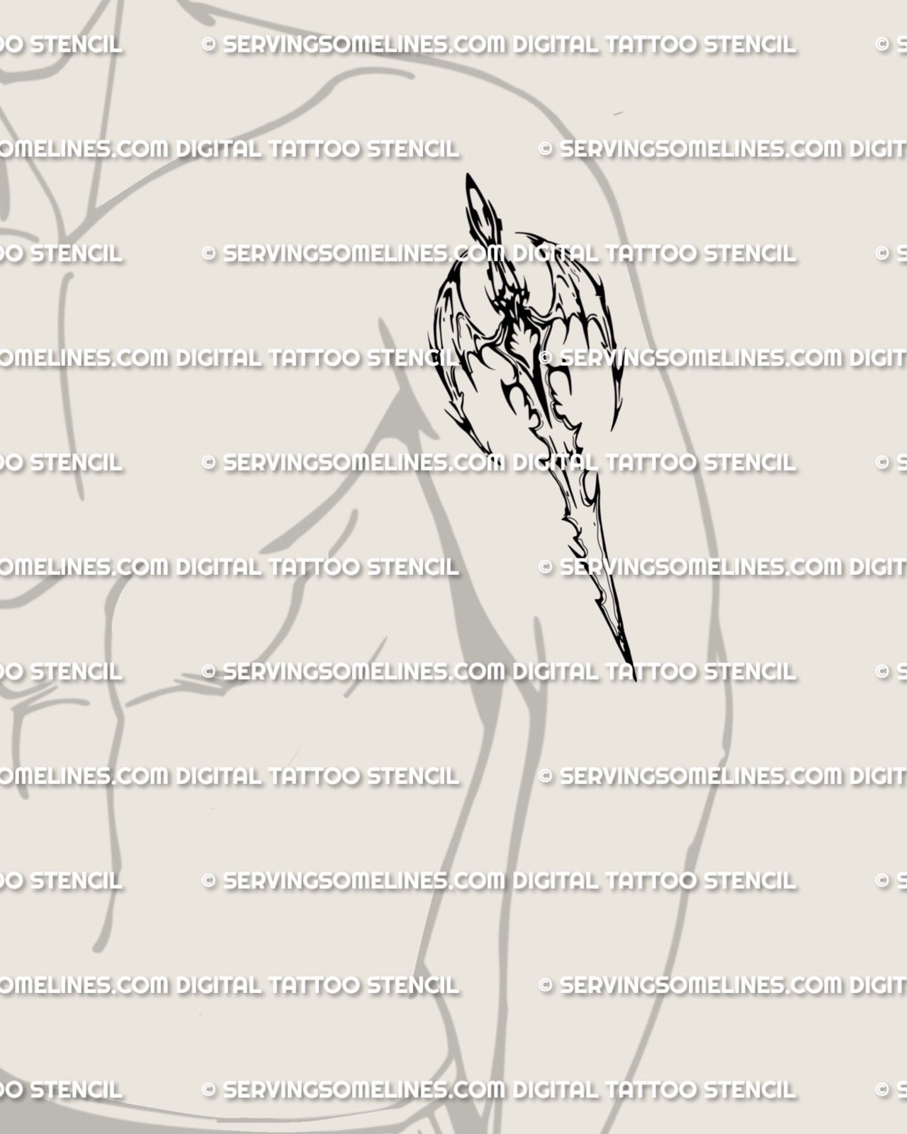 Dragon wing sword stencil displayed on mens spine placement example, cyber tribal weapon tattoo with digital download files.