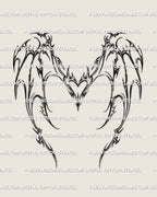 dragon inspired cyber wings with heart center shown as clean linework tattoo stencil, spiky neotribal outline suited for back or torso placement
