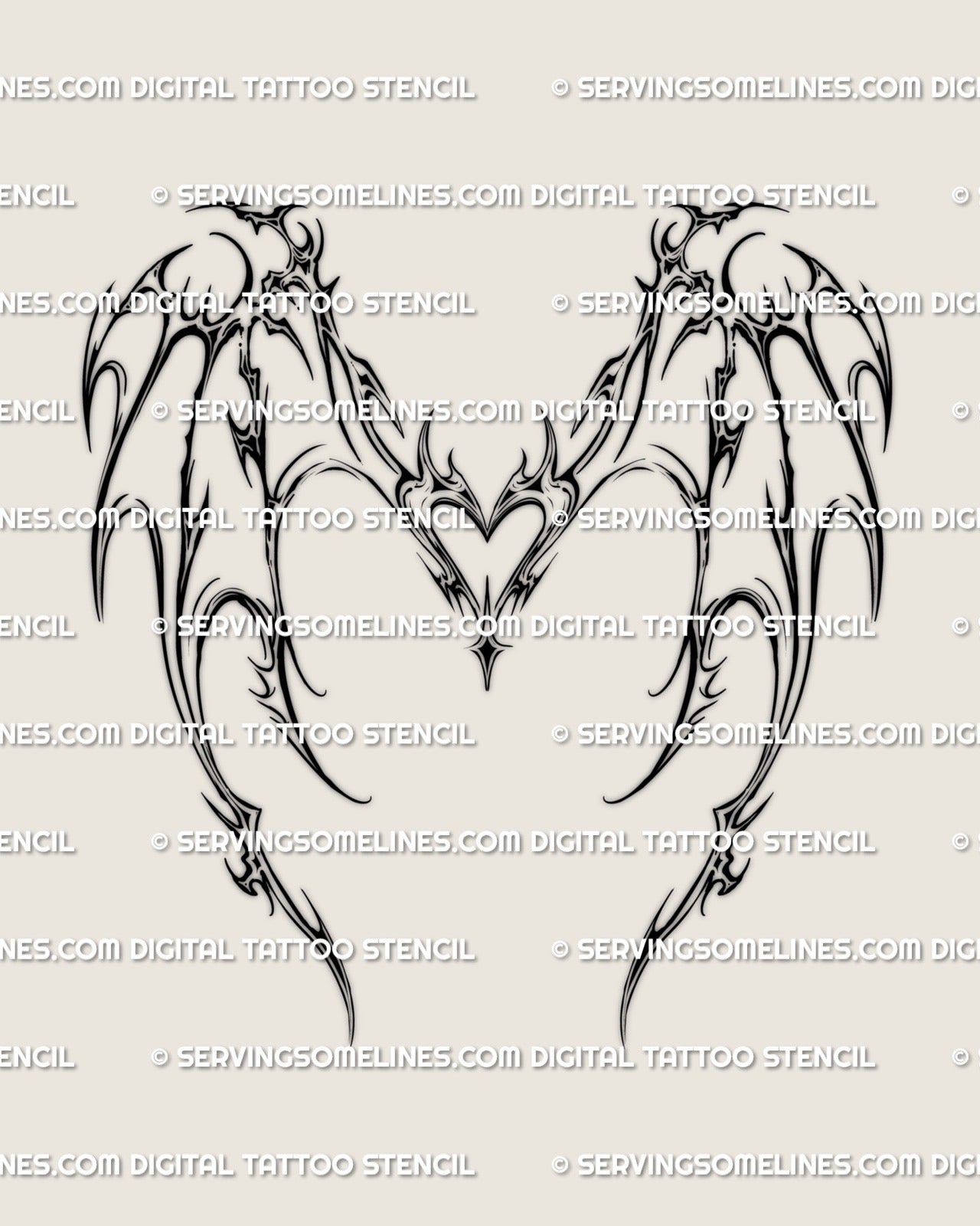 dragon inspired cyber wings with heart center shown as clean linework tattoo stencil, spiky neotribal outline suited for back or torso placement