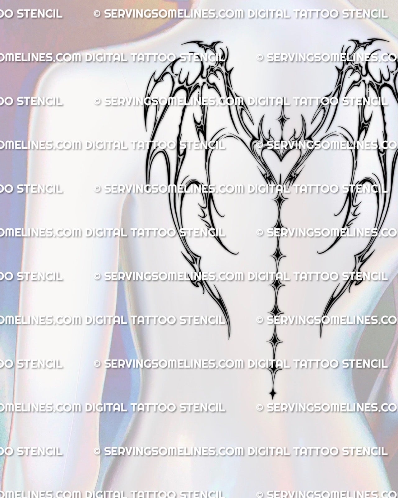 Feminine back mockup showing a dragon wings spine tattoo stencil with cyber tribal linework and sharp upper-back spread