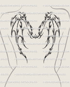 cyber sigilism dragon wings tattoo on women’s upper back, wide spiky wings with cyber tribal flow designed for bold creature back tattoos