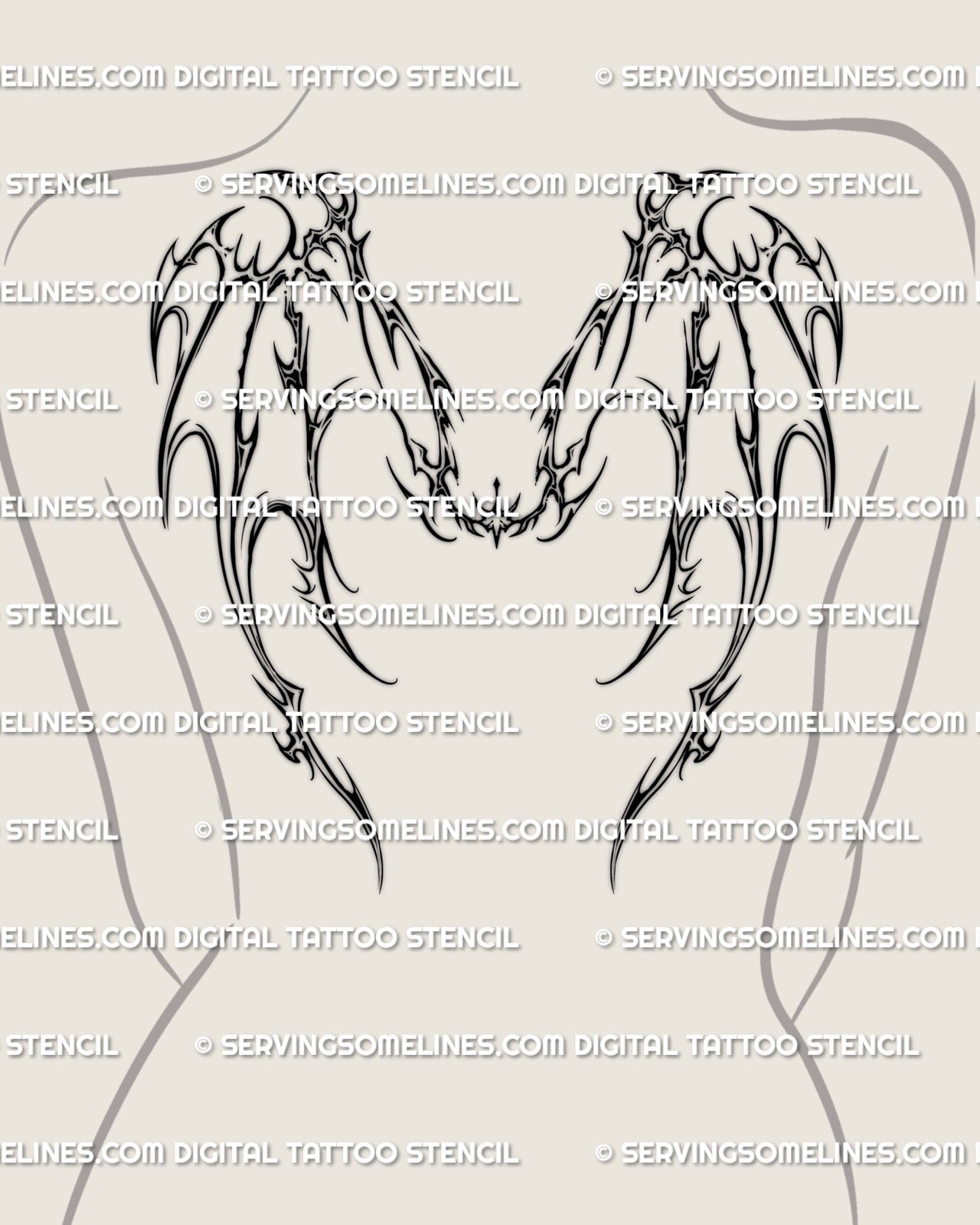 cyber sigilism dragon wings tattoo on women’s upper back, wide spiky wings with cyber tribal flow designed for bold creature back tattoos