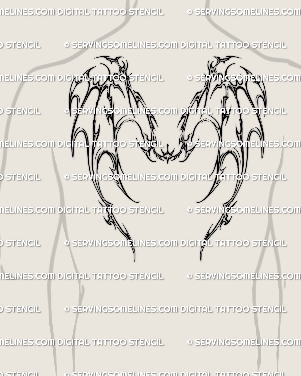 Men’s upper back mockup showing a dragon wings upper back tattoo stencil with cyber tribal linework and wide shoulder spread