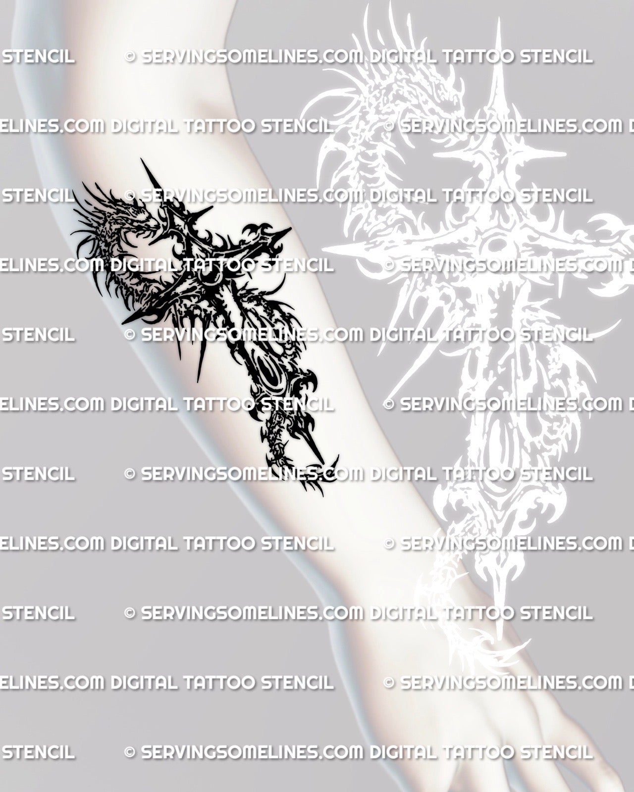 Dragon cross tattoo stencil shown on forearm placement featuring a coiled dragon around a bold cross drawn in dark gothic style.