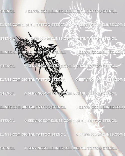 Dragon cross tattoo stencil shown on forearm placement featuring a coiled dragon around a bold cross drawn in dark gothic style.