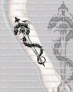 Dragon wrapped sword tattoo stencil shown on forearm placement example, vertical layout for easy transfer.