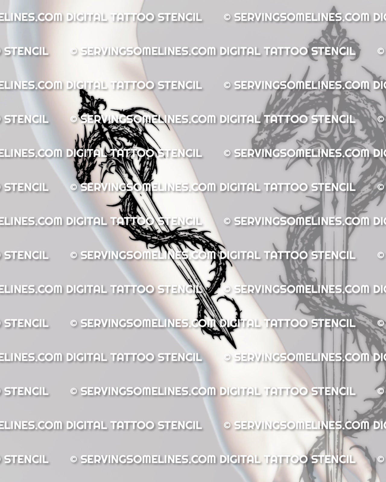 Dragon wrapped sword tattoo stencil shown on forearm placement example, vertical layout for easy transfer.