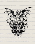 Dragon-winged woman with sword tattoo stencil in gothic blackwork dotwork, dark fantasy female warrior digital design