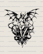 Dragon-winged woman with sword tattoo stencil in gothic blackwork dotwork, dark fantasy female warrior digital design