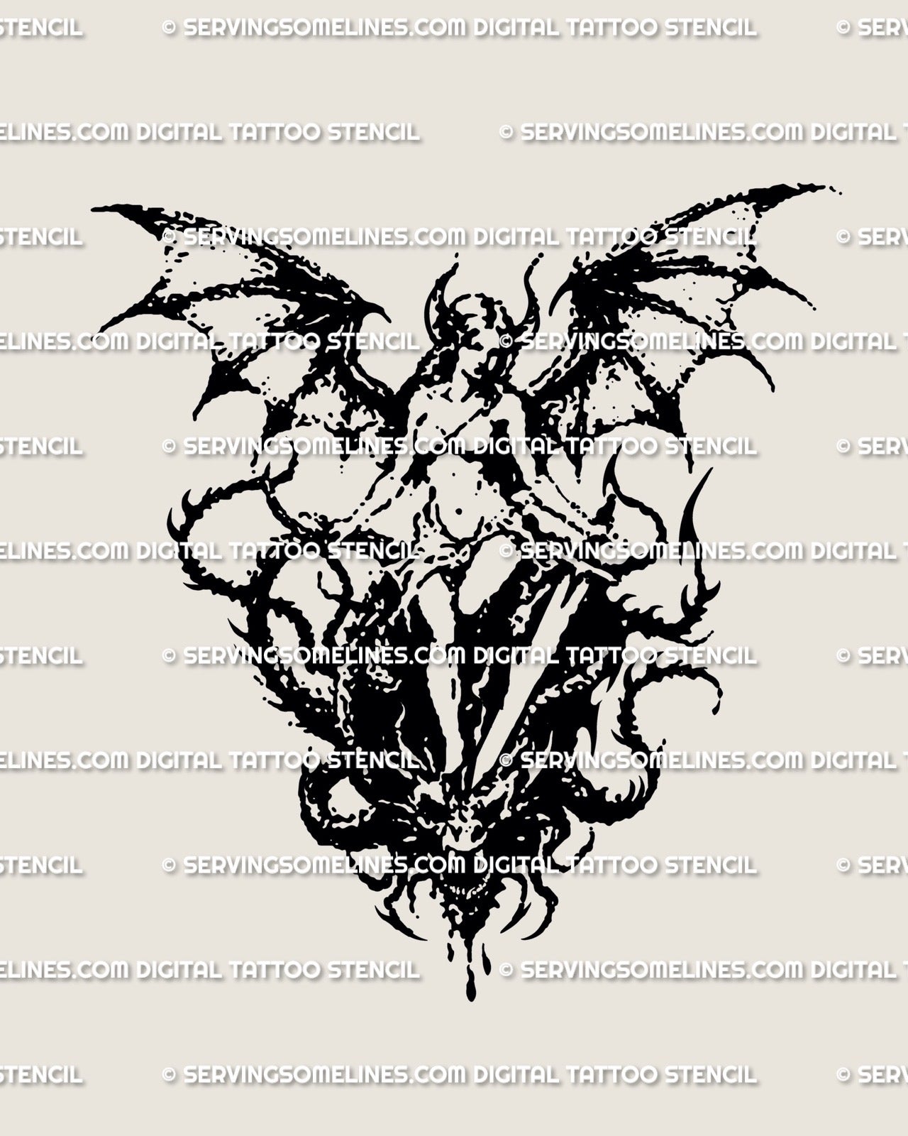 Dragon-winged woman with sword tattoo stencil in gothic blackwork dotwork, dark fantasy female warrior digital design
