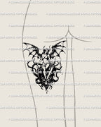 Gothic dragon-winged woman tattoo displayed on female thigh, dark fantasy blackwork dotwork body placement example