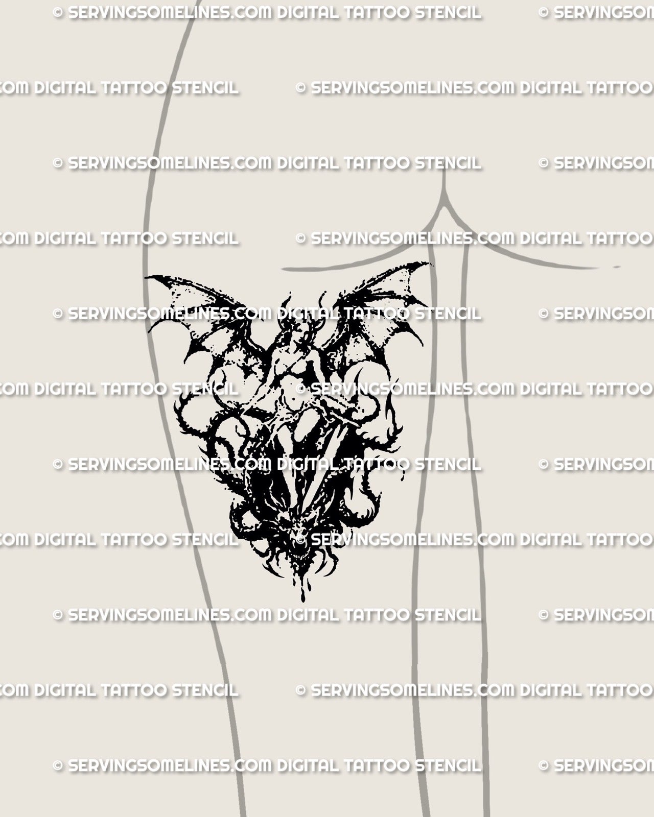 Gothic dragon-winged woman tattoo displayed on female thigh, dark fantasy blackwork dotwork body placement example
