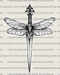 Dragonfly dagger tattoo stencil artwork close view, long dragonfly body with narrow wings, crisp outline for stencil printing, PNG PDF