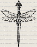 Dragonfly dagger tattoo stencil artwork close view, long dragonfly body with narrow wings, crisp outline for stencil printing, PNG PDF