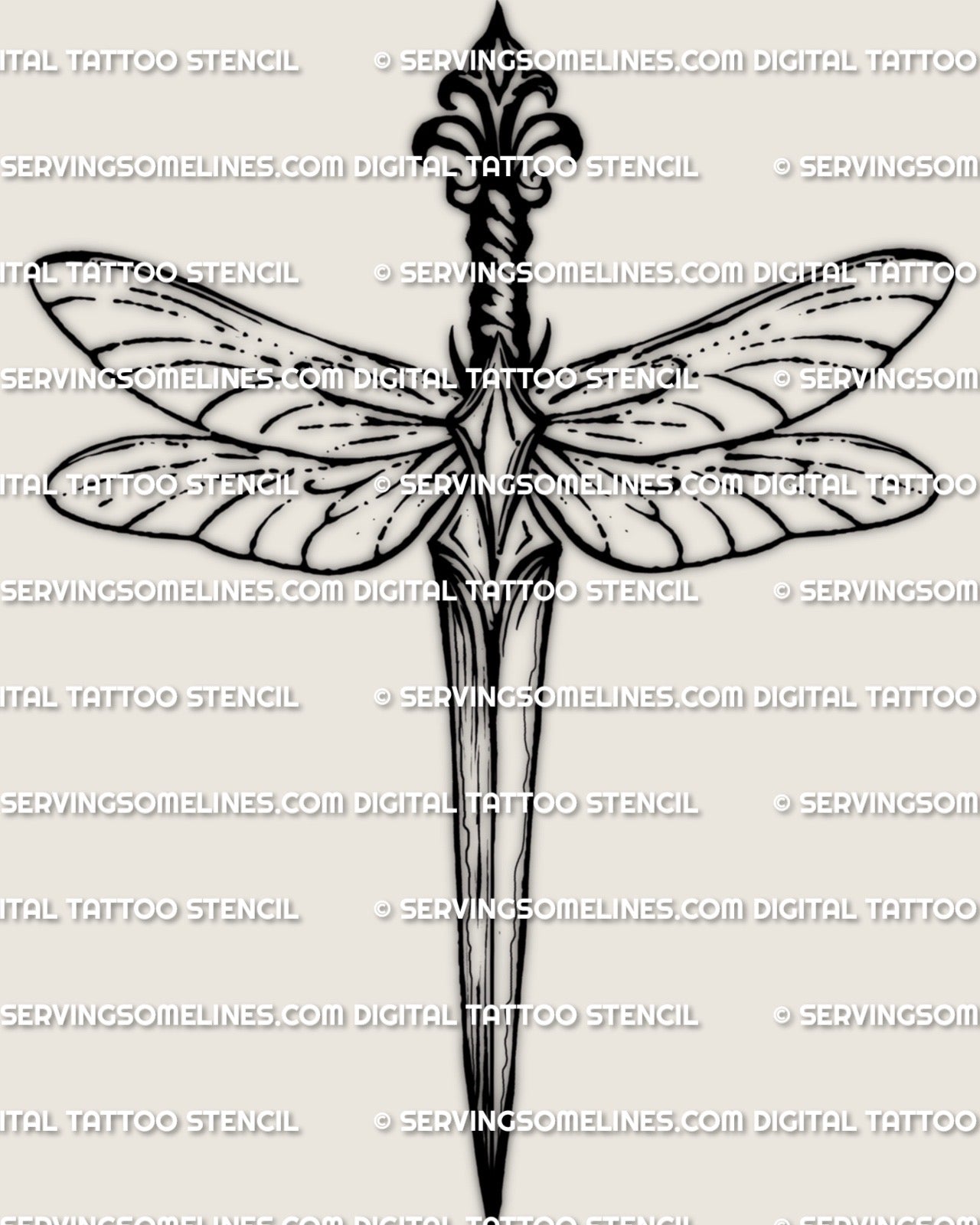 Dragonfly dagger tattoo stencil artwork close view, long dragonfly body with narrow wings, crisp outline for stencil printing, PNG PDF