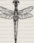 Dragonfly dagger tattoo stencil design, dragonfly perched at the hilt, long body and wide wings, clean PNG and printable PDF download