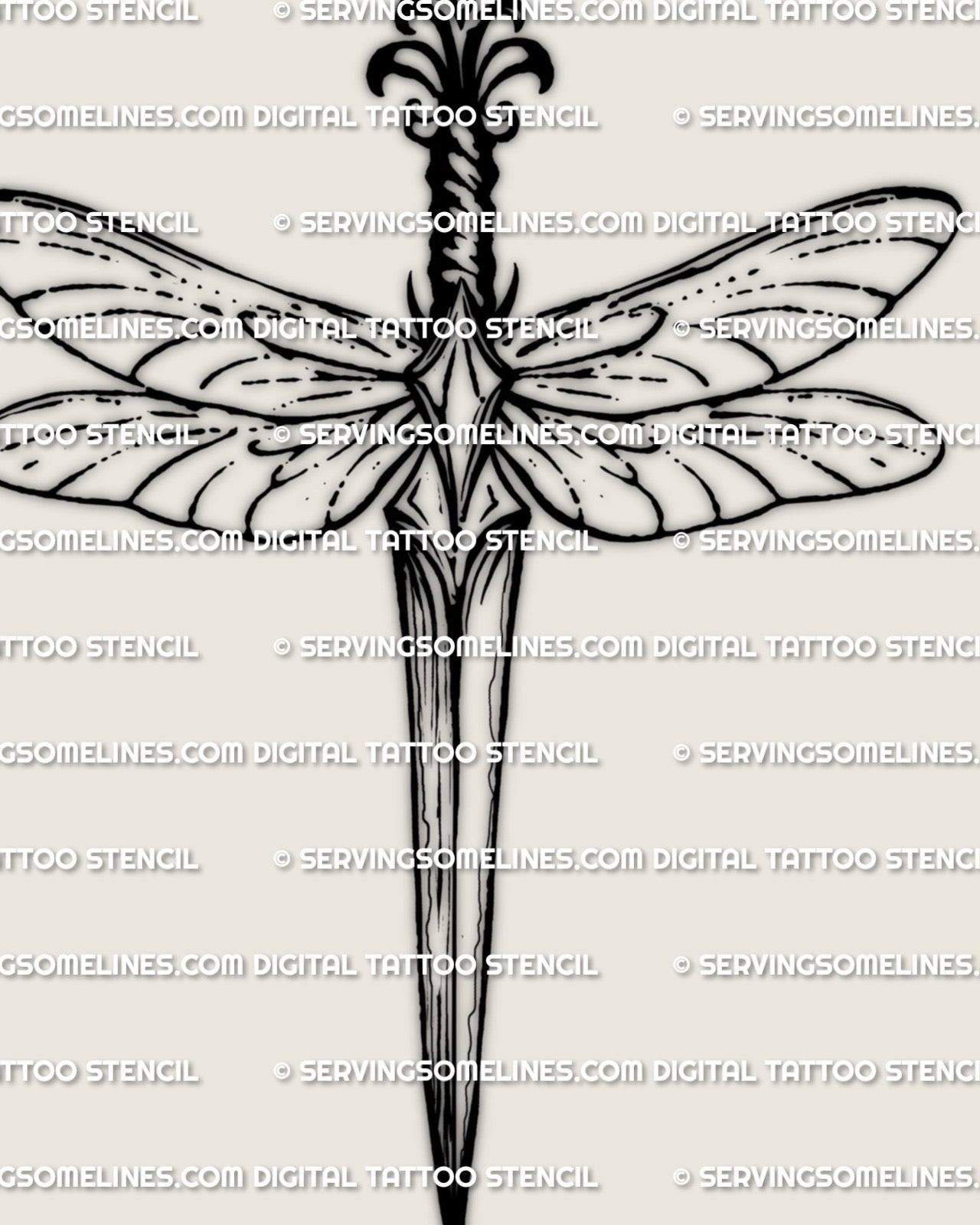 Dragonfly dagger tattoo stencil design, dragonfly perched at the hilt, long body and wide wings, clean PNG and printable PDF download
