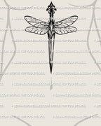 Dragonfly dagger tattoo on sternum placement example, vertical center fit, dragonfly stays insect-like, not butterfly, stencil file download