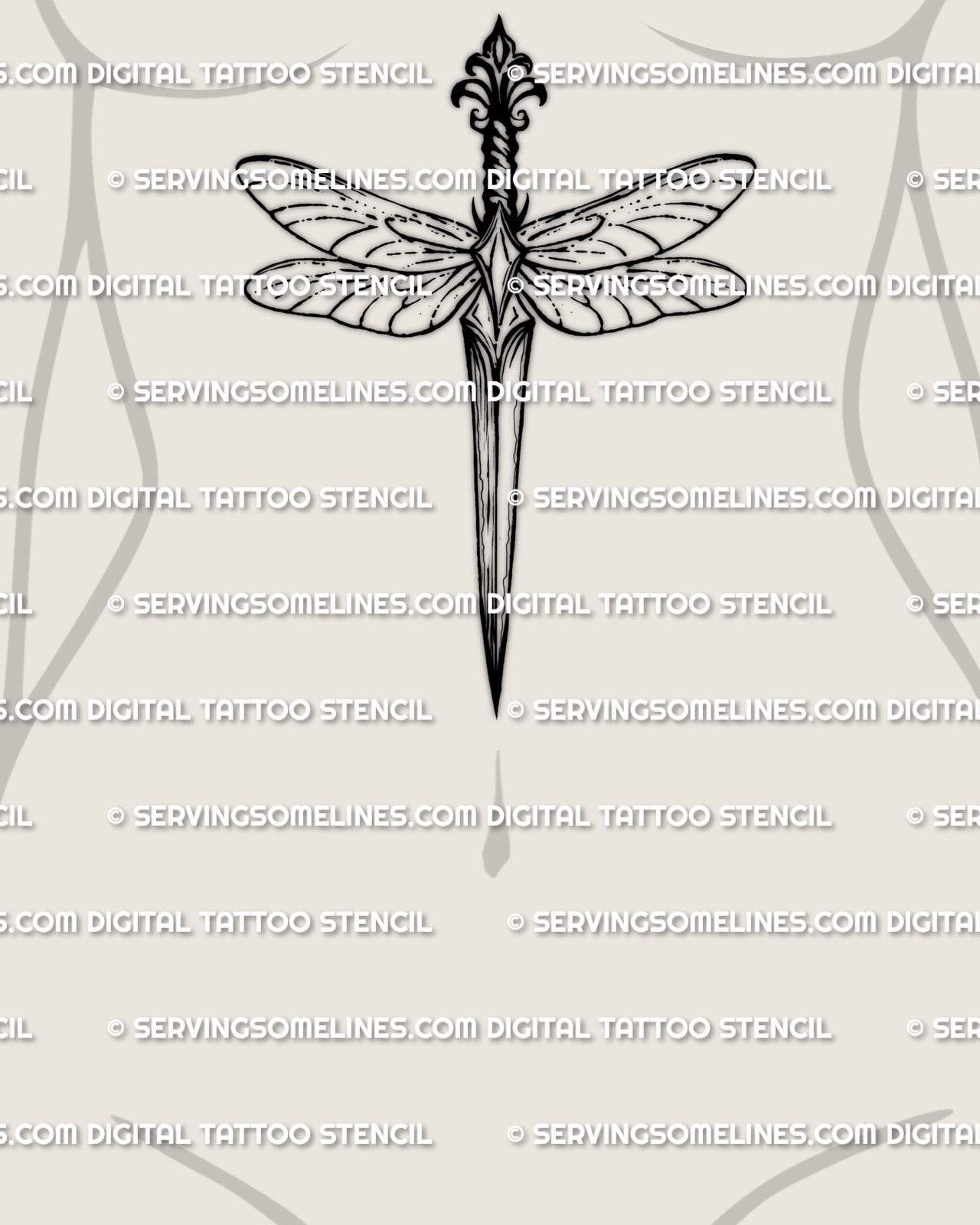 Dragonfly dagger tattoo on sternum placement example, vertical center fit, dragonfly stays insect-like, not butterfly, stencil file download