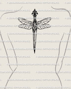 Dragonfly dagger tattoo on upper back spine placement example, long dragonfly body and narrow wings, clean silhouette, printable stencil files
