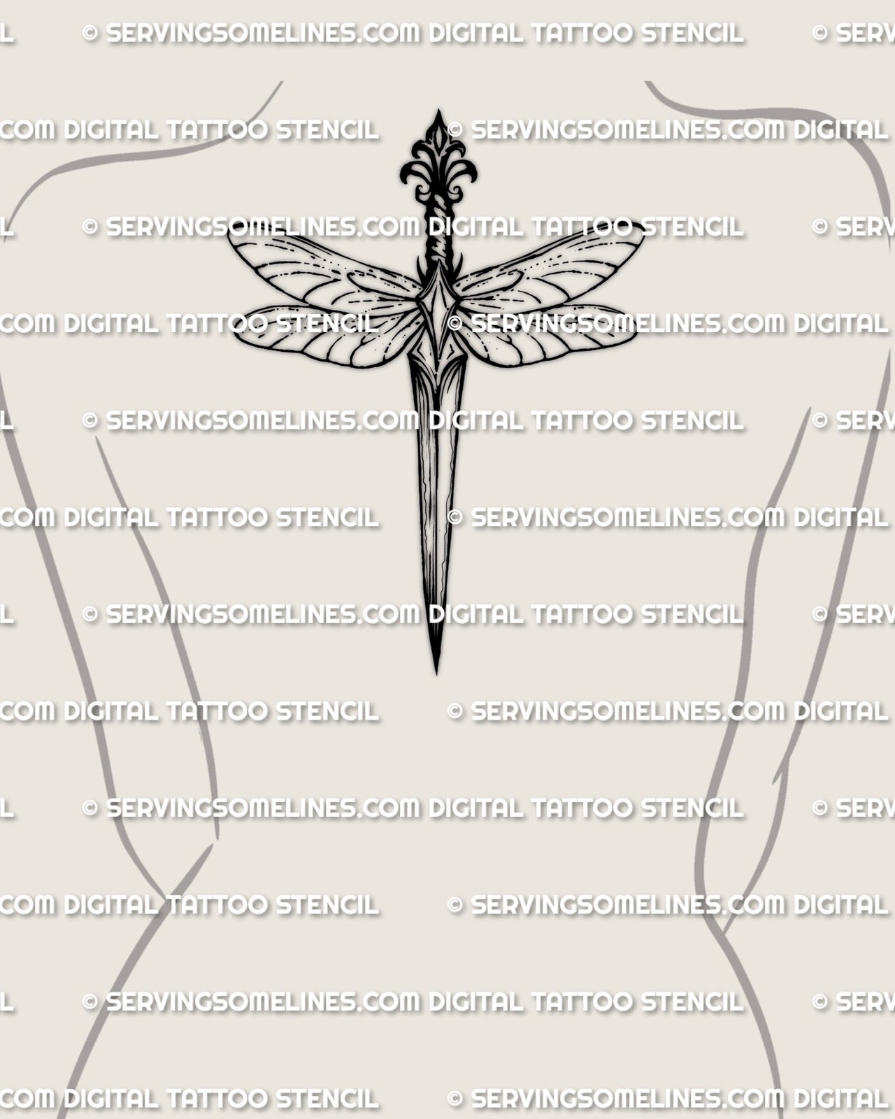 Dragonfly dagger tattoo on upper back spine placement example, long dragonfly body and narrow wings, clean silhouette, printable stencil files