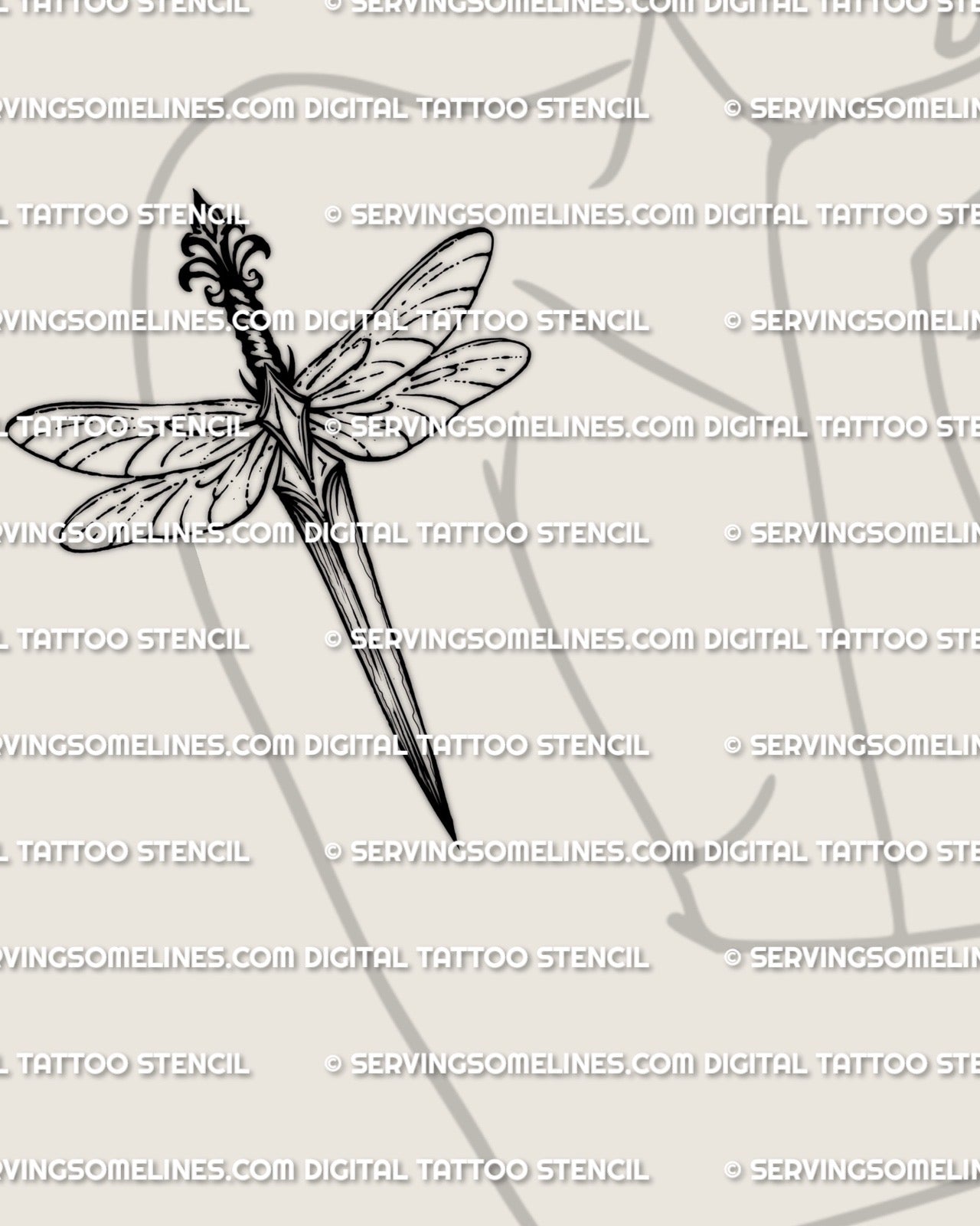 Dragonfly dagger tattoo on women’s arm placement example, slim dragonfly wings, sharp dagger spine, stencil download PNG JPEG PDF