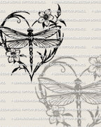 Dainty heart tattoo stencil showing a dragonfly in the center with curved stems and small flowers, crisp lines for transfer.