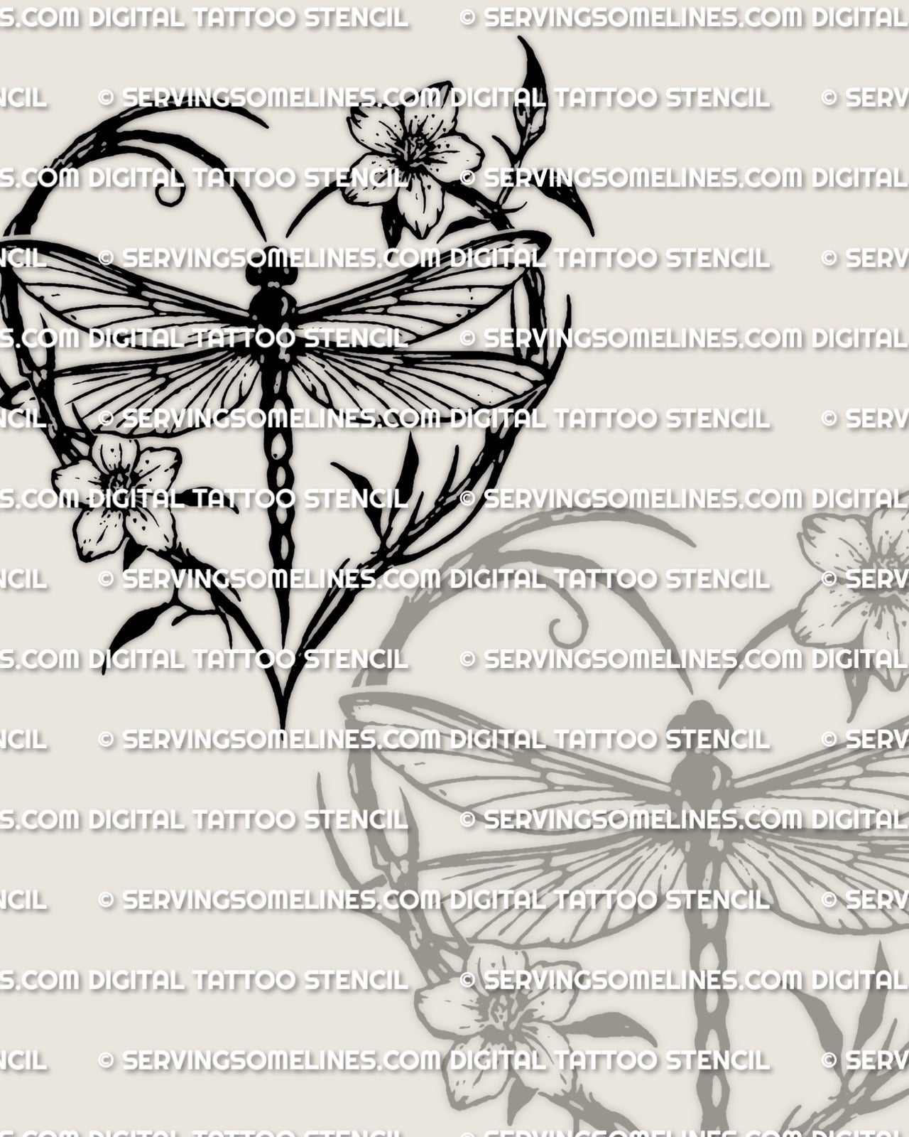 Dainty heart tattoo stencil showing a dragonfly in the center with curved stems and small flowers, crisp lines for transfer.