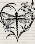 Dragonfly heart tattoo stencil with dragonfly centered inside a floral stem heart frame, two blossoms, clean printable design.