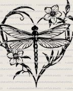 Dragonfly heart tattoo stencil with dragonfly centered inside a floral stem heart frame, two blossoms, clean printable design.
