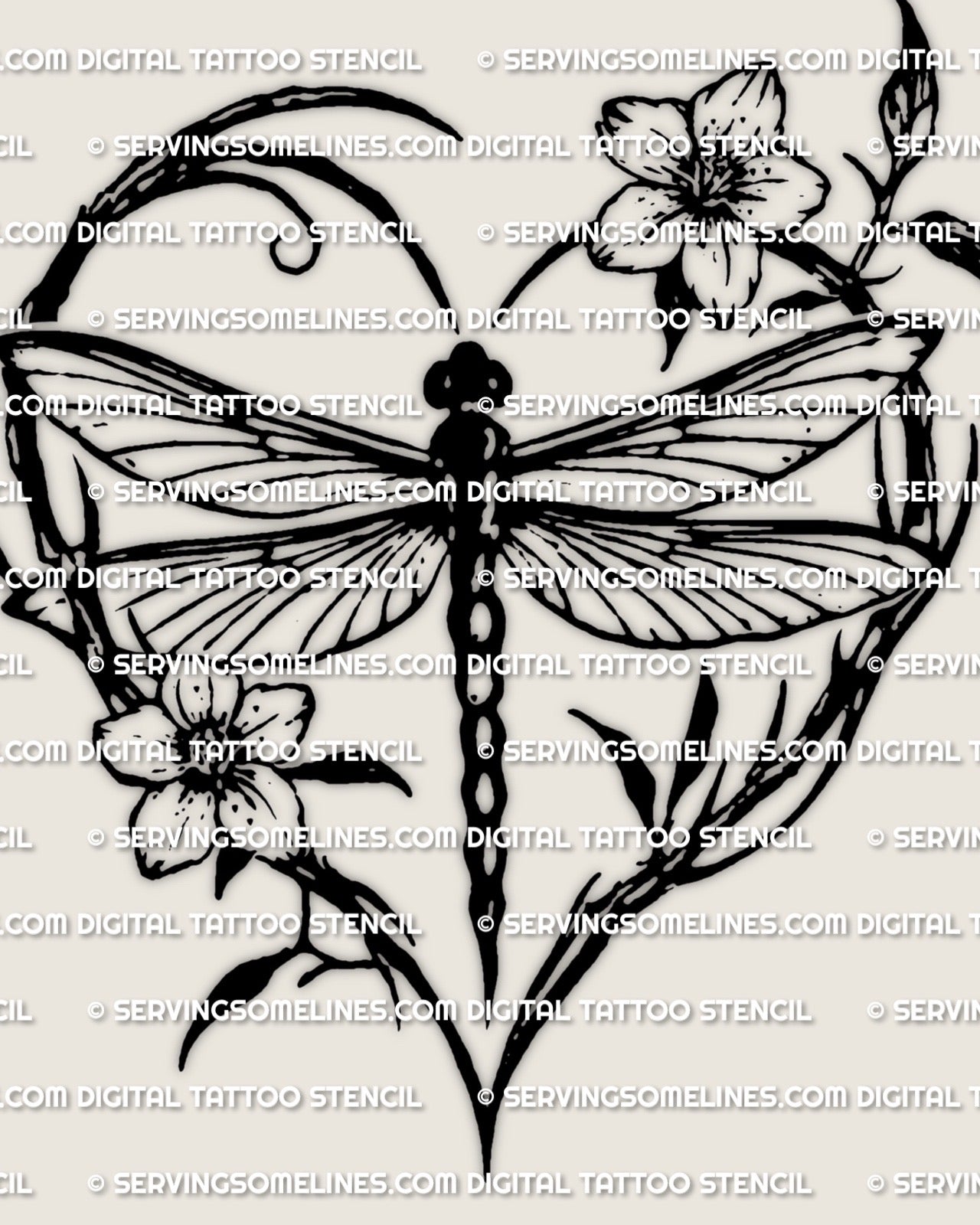 Dragonfly heart tattoo stencil with dragonfly centered inside a floral stem heart frame, two blossoms, clean printable design.