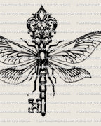 Dragonfly key tattoo stencil, isolated gothic dragonfly wings and antique crest key design on light background.