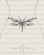 Dragonfly tramp stamp tattoo stencil displayed on low waist placement with cyber wing structure and sharp linework
