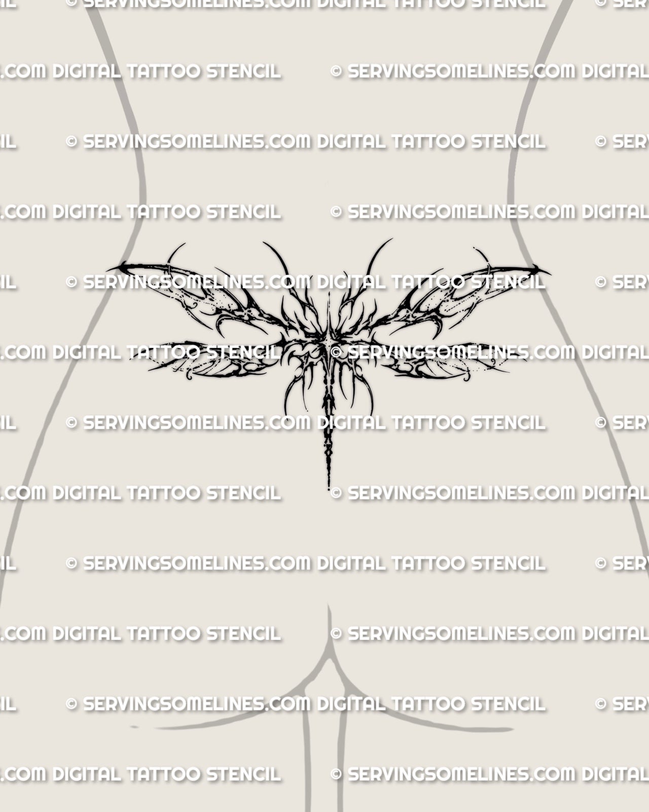 Dragonfly tramp stamp tattoo stencil displayed on low waist placement with cyber wing structure and sharp linework