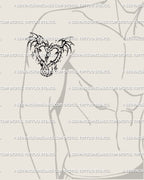 Men’s upper arm display of two small dragons tattoo forming heart with sharp neotribal wings, digital linework stencil clean preview. 