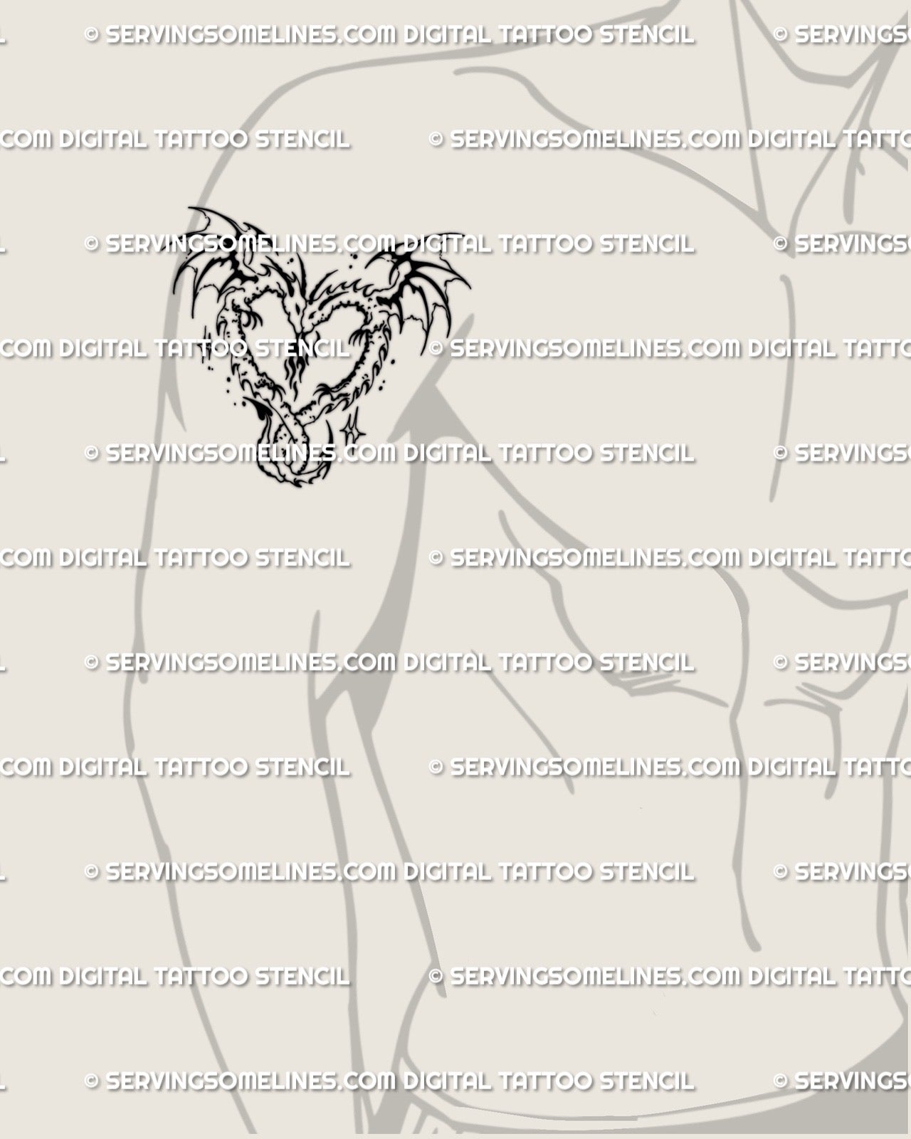 Men’s upper arm display of two small dragons tattoo forming heart with sharp neotribal wings, digital linework stencil clean preview. 