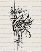 Dripping eye tattoo stencil printable design, surreal single eye with vertical tears and star-cross detail, digital download.