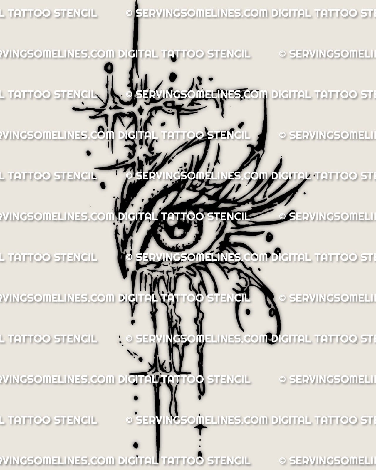 Dripping eye tattoo stencil printable design, surreal single eye with vertical tears and star-cross detail, digital download.