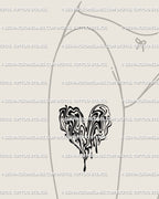Feminine front-thigh placement preview of dripping liquid marble heart tattoo, black abstract melting lines forming a surreal heart shape.