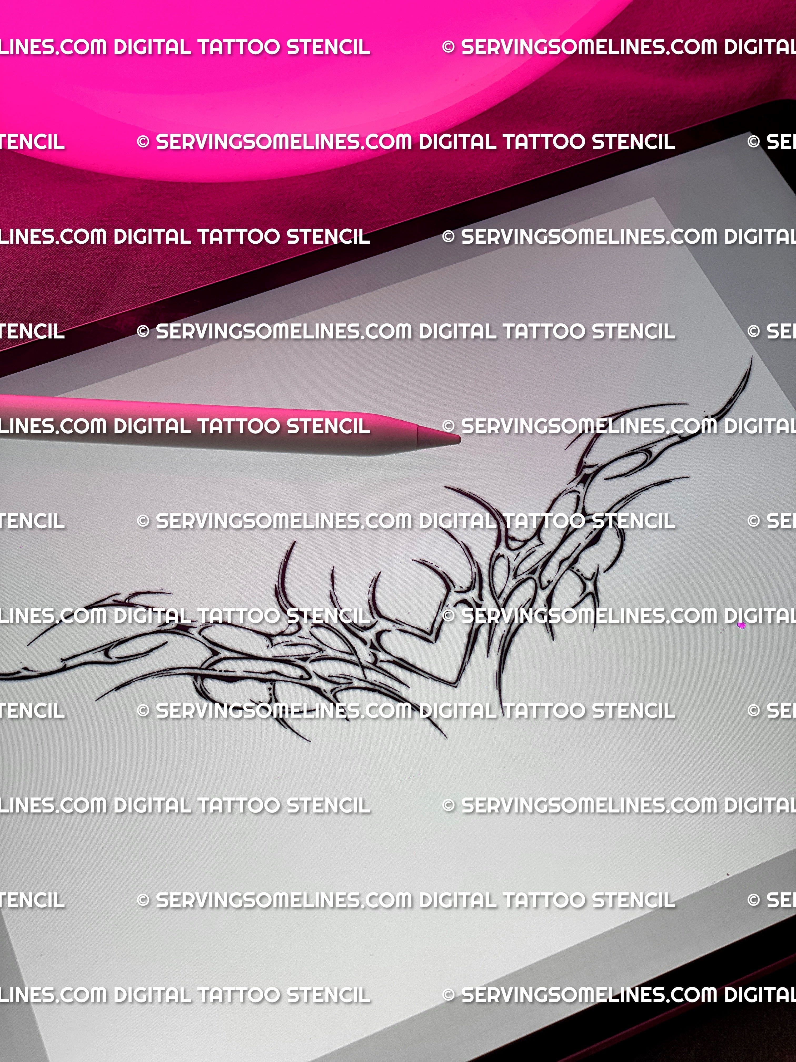 Cybersigilism tattoo art shown on iPad screen, ornamental heart flash with clean symmetrical lines in minimalist gothic style.