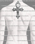 Egyptian ankh cross tattoo stencil displayed on men's upper back behind the neck with small scarab detail
