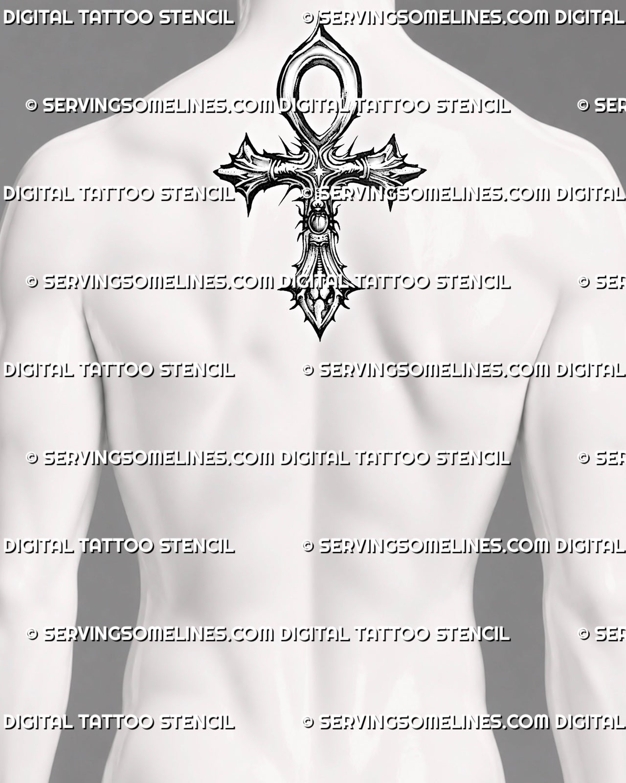 Egyptian ankh cross tattoo stencil displayed on men's upper back behind the neck with small scarab detail