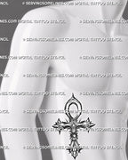 Egyptian cross tattoo design shown on men's ribs with ankh loop, sharp cross arms, and small scarab focal point