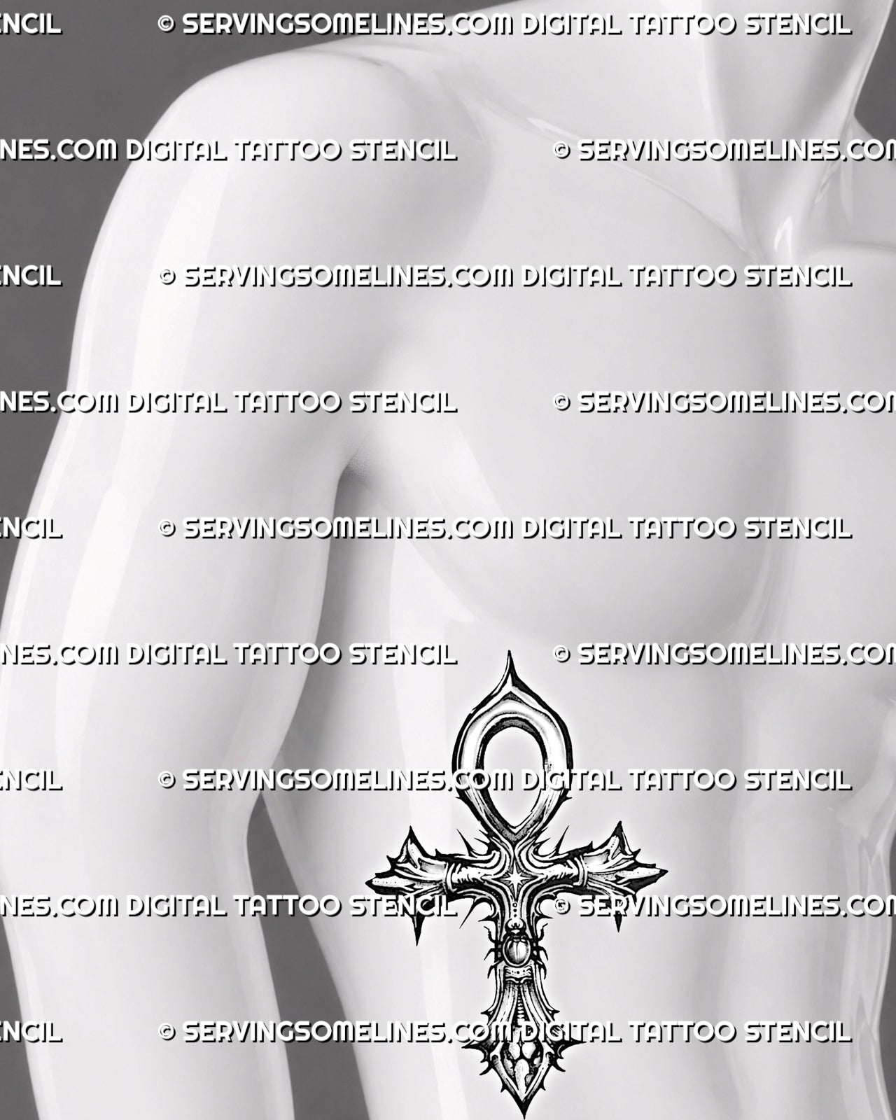 Egyptian cross tattoo design shown on men's ribs with ankh loop, sharp cross arms, and small scarab focal point