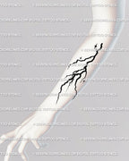 Emo aesthetic thunderbolt tattoo stencil placed on forearm, storm flash design with gothic minimalist energy.