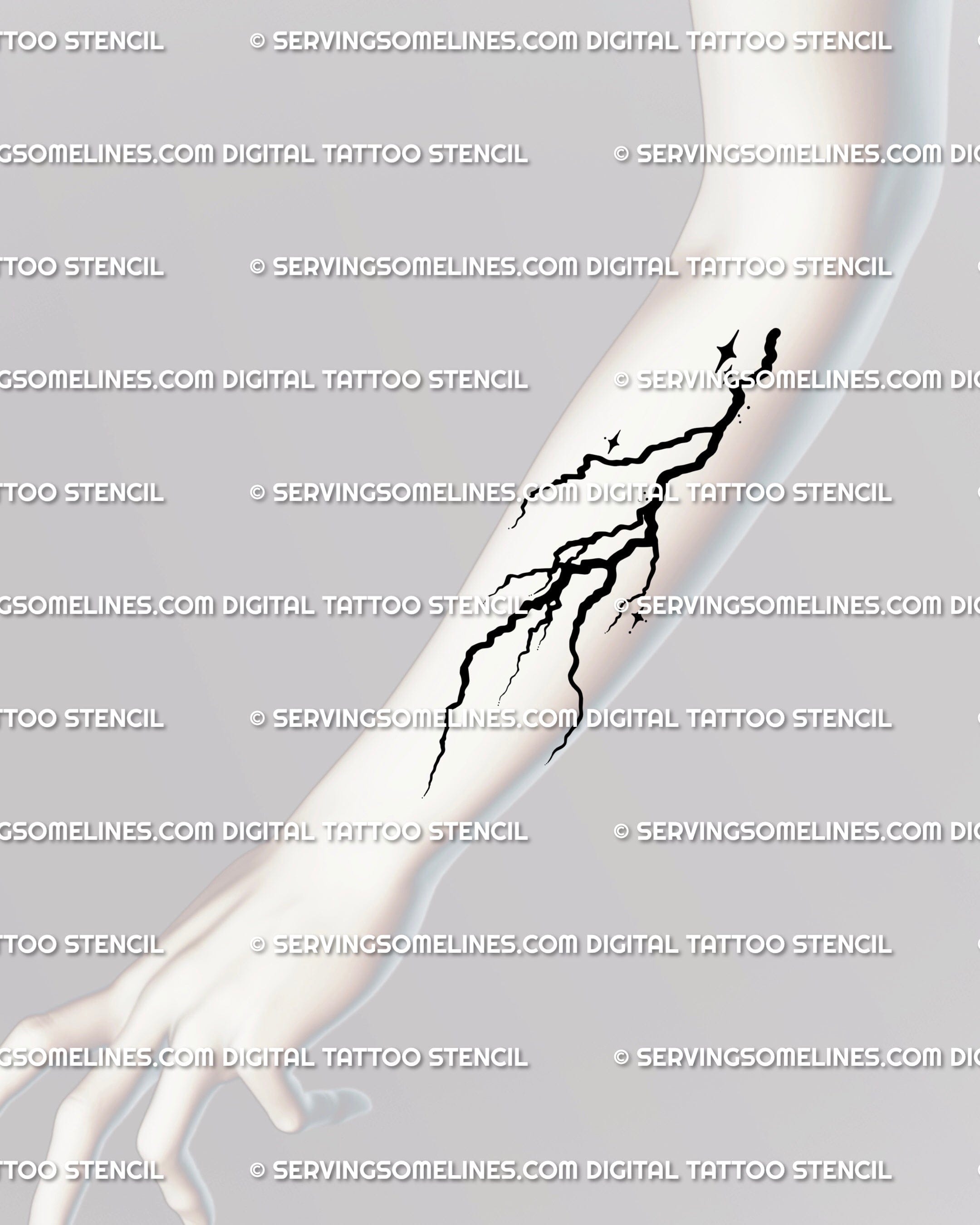 Emo aesthetic thunderbolt tattoo stencil placed on forearm, storm flash design with gothic minimalist energy.