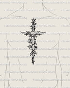 Emo dagger tattoo stencil chest placement preview, collage style stacked linework accents, instant download files.