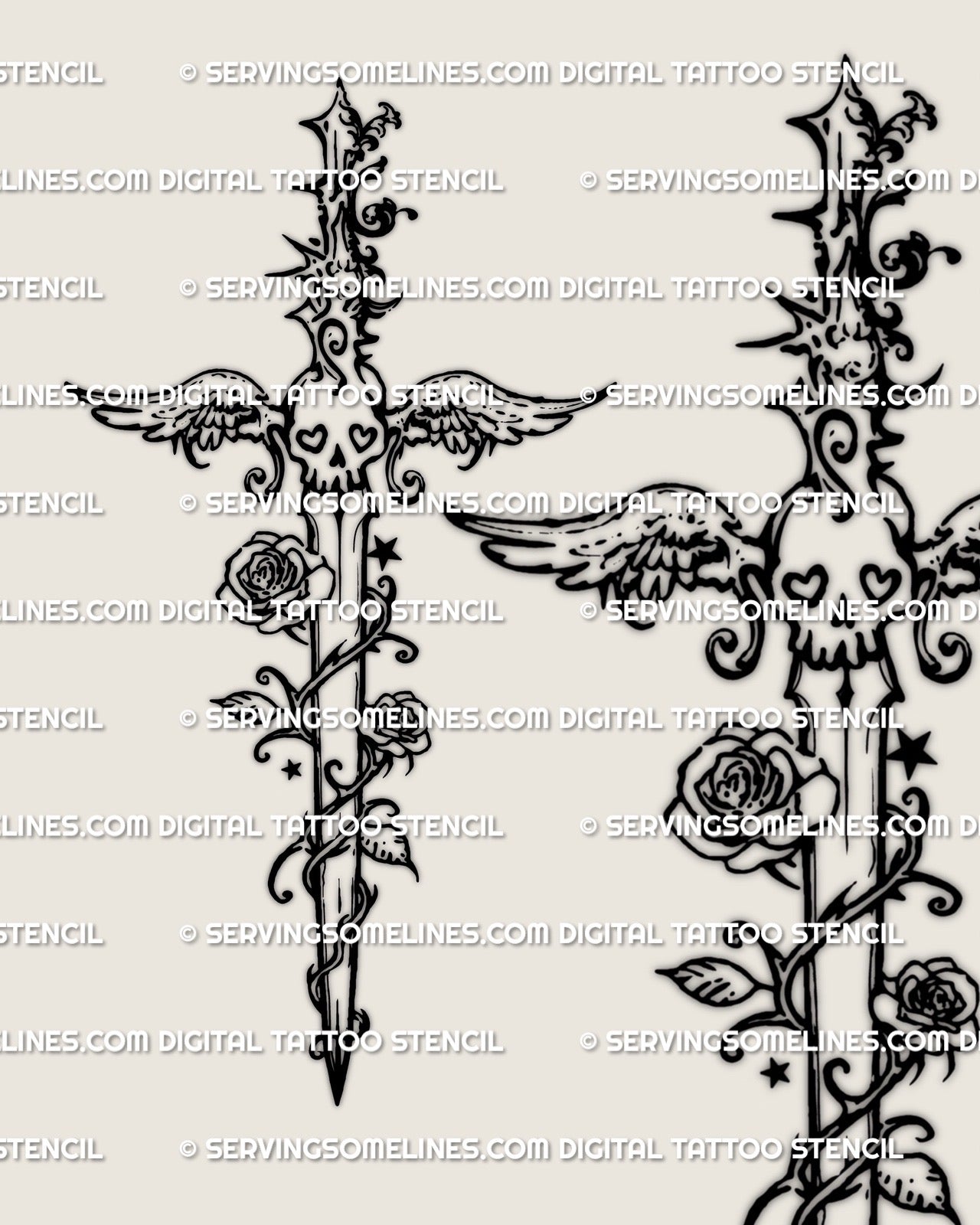 Emo dagger tattoo stencil, collage style stacked linework accents, instant download PNG JPEG PDF files.