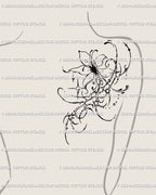 Emo gothic floral tattoo idea placed on shoulder back, ornamental flower linework with cyber tribal influence and dark elegance.