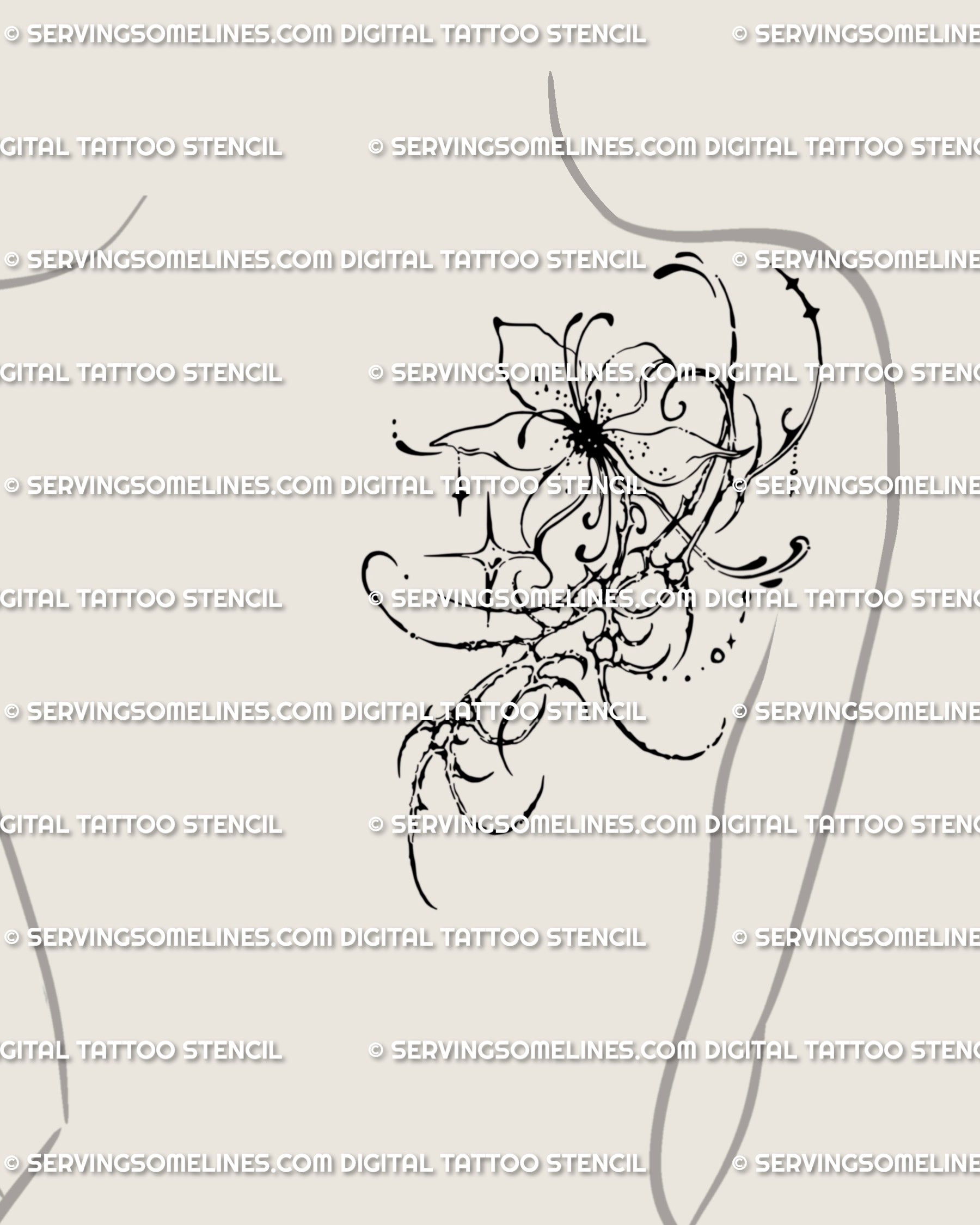 Emo gothic floral tattoo idea placed on shoulder back, ornamental flower linework with cyber tribal influence and dark elegance.